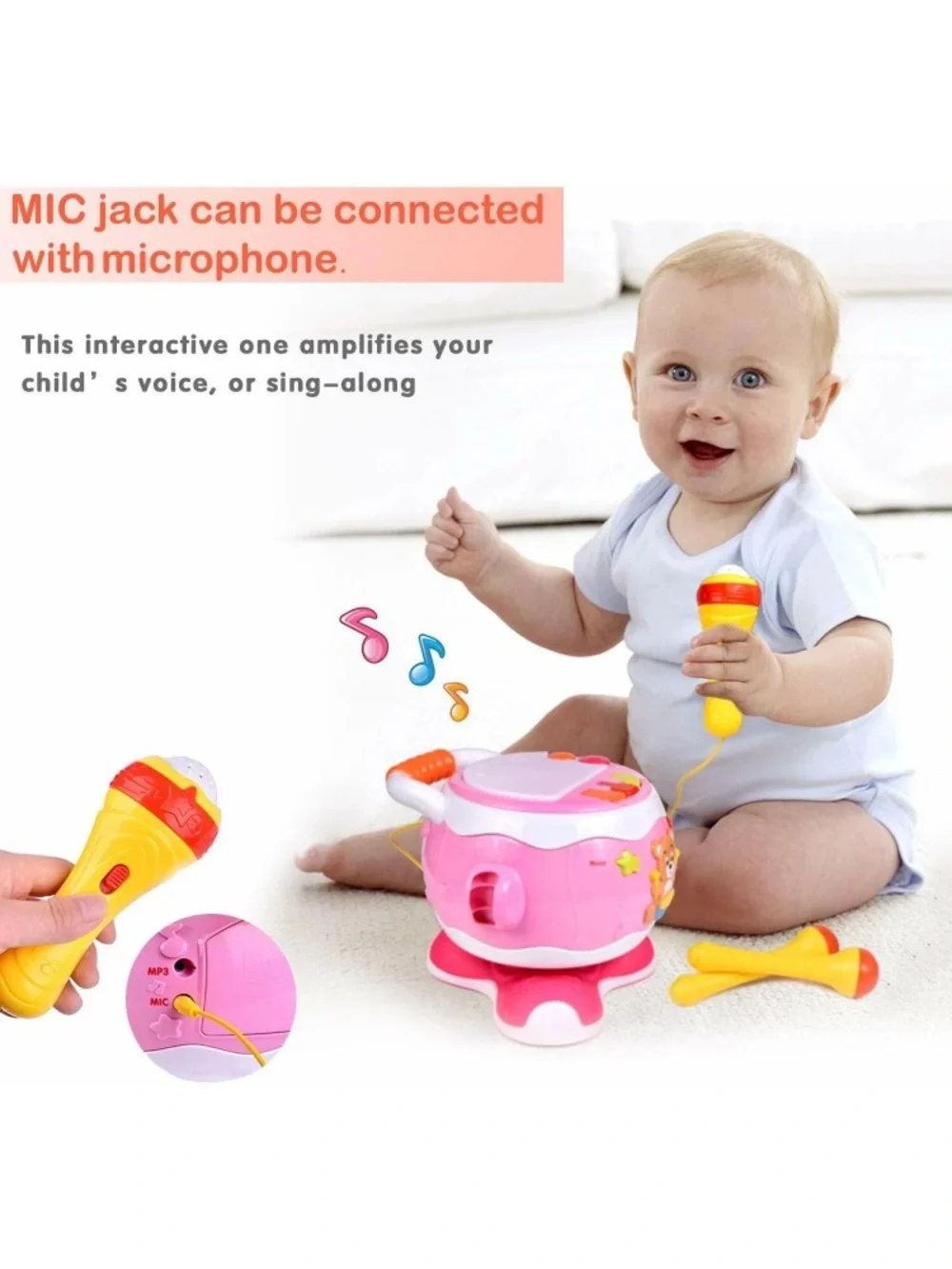 Pink Bear Musical Drum Toy with Microphone - Interactive Pink Rhythm Set